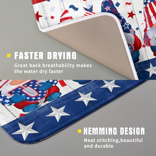 4th of July Gnomes Dish Drying Mat 16x18 inch Patriotic Elf Usa Stars Dish Drainer Mats Independece Day Small Microfiber Dish Drying Pad for Kitchen Countertop Holiday Decor