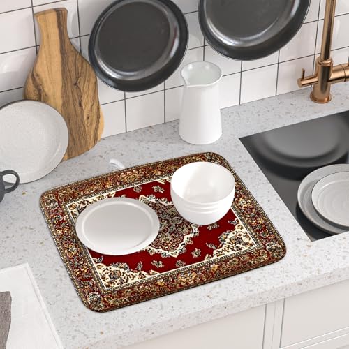 Vintage Boho Dish Drying Mat Antique Tribal Rustic Red Floral Dish Drainer Mats 16"x18" Ethnic Carpet Microfiber Reversible Dish Drying Rack Pad Protector for Kitchen Countertop Decor