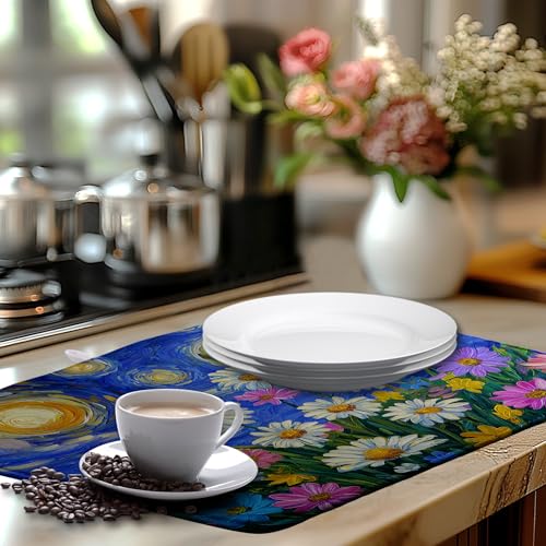 Spring Summer Daisy Floral Dish Drying Mats Spring Flowers Dish Mat Drying Matt Starry Sky Dishes Dryer Pad for Kitchen Counter Absorbent Microfiber Washable Foldable Reusable 18x24 in
