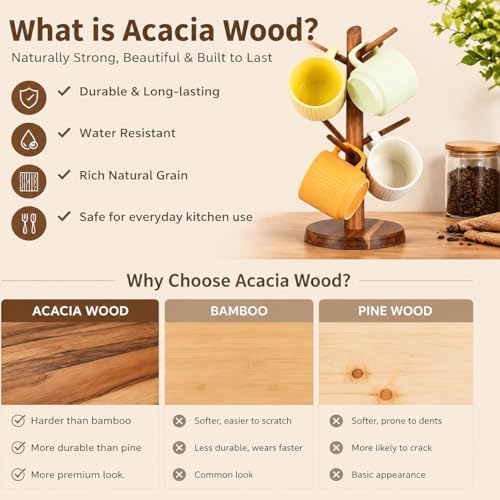 Acacia Wood Coffee Mug Tree Holder Countertop with 6 Hooks