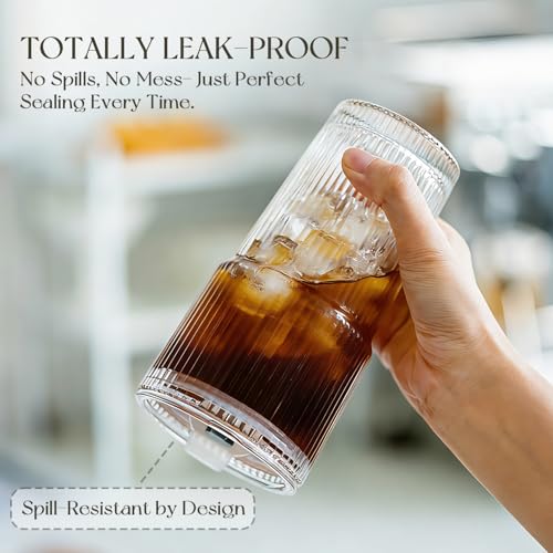 20oz Ribbed glass cups with lids and straws