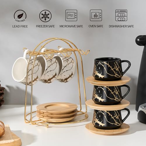 Ceramic Espresso Cups with Saucers and Metal Stand (7.6 Count)