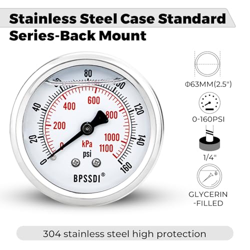 0 160 Psi Glycerin Liquid Filled Low Pressure Gauge