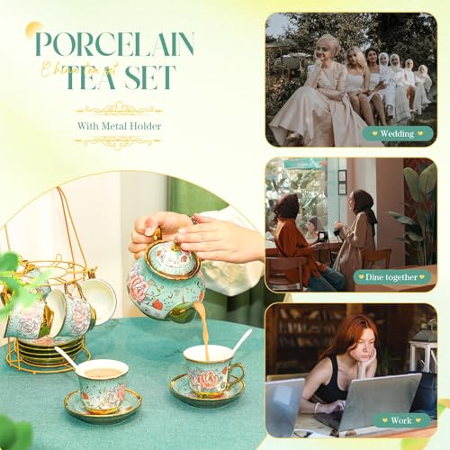 20 Pcs Adult Tea Party Set Porcelain with Metal Holder