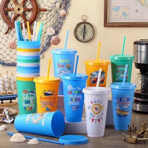 24 Pcs Cruise Tumbler with Straw and Lid Bulk 24oz Funny Nautical Gifts Reusable Iced Coffee Plastic Beverage Cups for Sailor Party Bachelorette Carnival Party Supplies (24 Count)