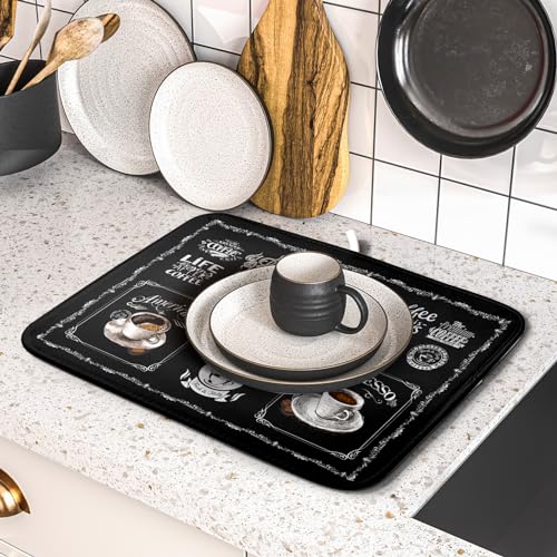 Coffee Dish Drying Mat Vintage Anti Fatigue Espresso Cup Black Bean Maker Machine Drainer Mat Small Dish Pad Dish Drainer Rack Mat Protector Kitchen Accessories Bar Time 16x18 inch