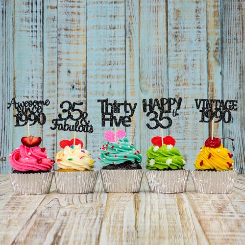 30 Pack Vintage 1989 Cupcake Toppers Black Glitter Thirty Five Happy 35 Cake Decorations Cheers to 35 Years Birthday Cupcake Picks 35th Birthday Anniversary Cake Decorations (30 Count)