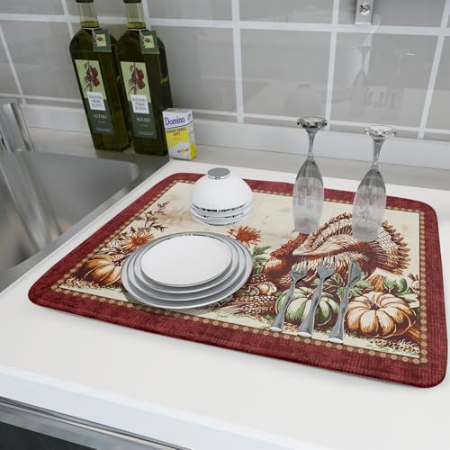 Rustic Turkey Dish Drying Mat for Kitchen Countertop 18x24 inch Fall Thanksgiving Pumpkin Sunflowers Harvest Dish Drainer Mats Fast Drying Farmhouse Country Dish Drying Pad Holiday Decor Large