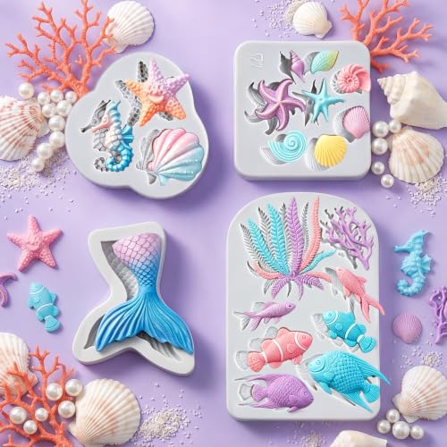 Mermaid Theme Cake Fondant Mold 4PCS Marine Silicone Mold (4 Count)