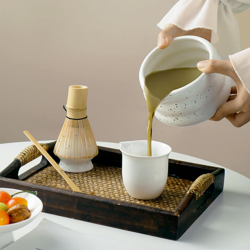 7 piece matcha kit includes matcha bowl. white speckled matcha tea set with bamboo whisk (7 Count)
