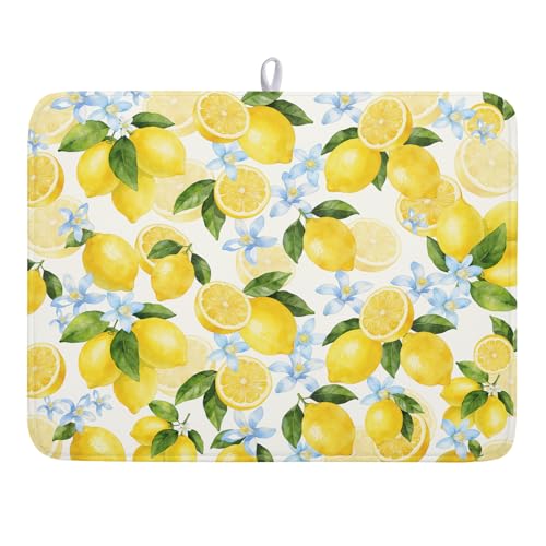 Lemon Dish Drying Mat 18x24 Inch Absorbent Reversible Summer Drying Mat Floral Lemon Fruits Dish Drying Rack Mat Yellow Summer Themed Dish Drainer Mat for Kitchen Counter Coffee Bar