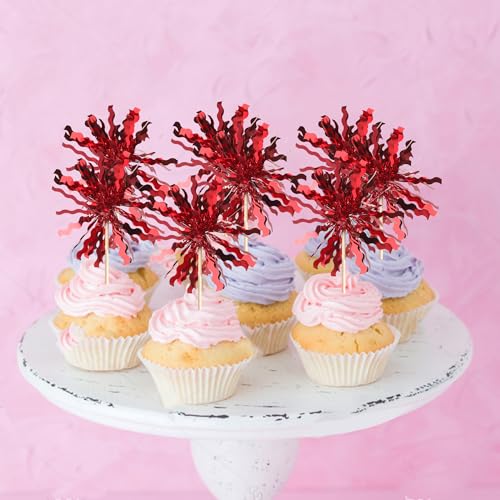 30 PCS Foil Firework Cupcake Toppers Sparkle Tinsel Cupcake Picks Happy Birthday Cake Toppers Drink Stirrers Cocktail Food Fruit Toothpicks for Baby Shower Birthday Party Decorations Supplies Red (30 Count)