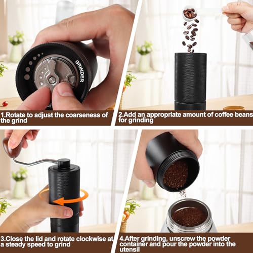 Manual Coffee Grinder Gift Box Detachable Stainless Steel Conical Burr Aluminum Coffee Bean Grinder with 25 Grinding Settings Cleaning Brush Grindable Espresso Moka Pot for Camping Black