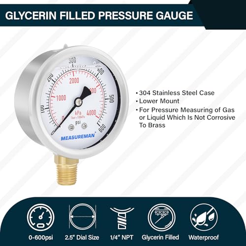 2-1/2inch Dial Size, Oil Filled Pressure Gauge, 0-600psi/4000kpa, 304 Stainless Steel Case, 1/4inchNPT Lower Mount