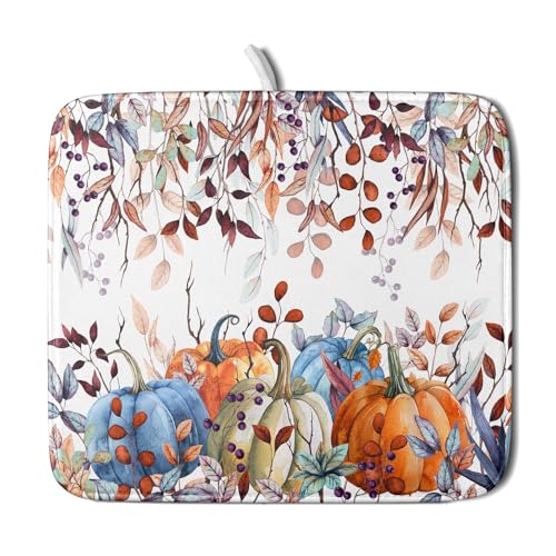 Orange and Blue Autumn Pumpkins Dish Drying Mat for Kitchen Counter