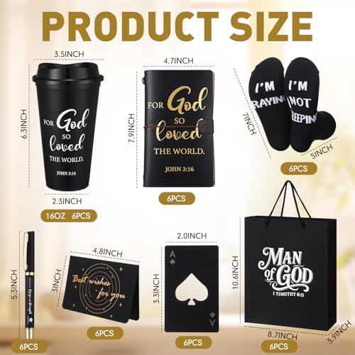 42 Pcs 6 Sets Christian Gifts for Men 16oz Reusable Religious Bible Coffee Cups with Lid Black Leather Notebook Socks Pen Card Man of God Bag Pastor Appreciation Gift with Bottle Opener (42 Count)