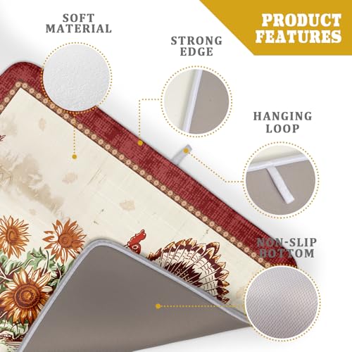 Rustic Turkey Dish Drying Mat for Kitchen Countertop 18x24 inch Fall Thanksgiving Pumpkin Sunflowers Harvest Dish Drainer Mats Fast Drying Farmhouse Country Dish Drying Pad Holiday Decor Large