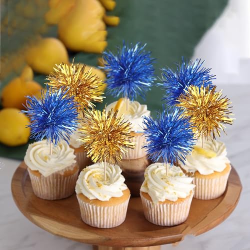 40 PCS Foil Firework Cupcake Toppers Sparkle Tinsel Cupcake Picks Fireworks Birthday Party Decorations Cocktail Fruit Toothpick for Birthday Wedding Graduation Party Decorations Supplies Gold Blue (40 Count)