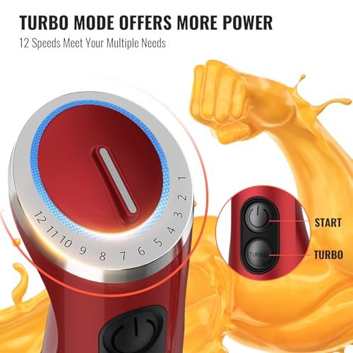 5-in-1 Hand Immersion Blender, 1000W 12 Speed Handheld Blender Stick with Copper Motor Stainless Steel Blade, 600ml Mixing Beaker,500ml Food Processor, Whisk, Milk Frother, Non-BPA, Red