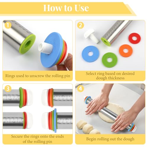 Adjustable Rolling Pin with 4 Thickness Rings for Baking