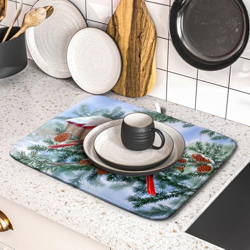 Winter Red Cardinal Bird Dish Drying Mat for Kitchen Counter