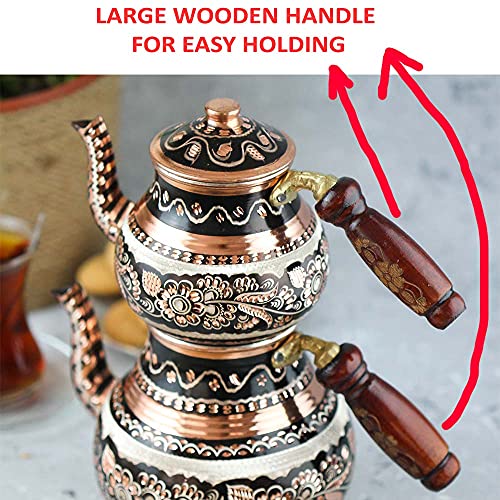 Copper Turkish Teapot Tea Kettle Pots Set for Stove Top Stovetop Decorative Infuser Vintage Antique Arabic Farmhouse Tray Cups Serving Party Moroccan Decor Style Persian Kitchen Fancy