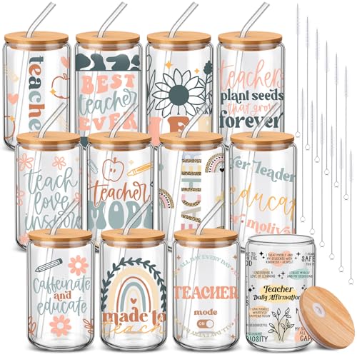 12 Sets End of Year Teacher Gifts Bulk Teacher Appreciate Glass Cups with Lids and Straws 16 oz Iced Coffee Cup Cute Thank You Gift for Daycare Preschool Kindergarten Back to School (12 Count)