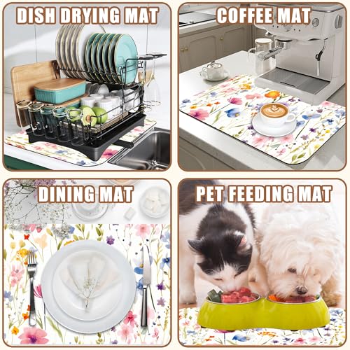 Watercolor Floral Meadow Coffee Mat Absorbent Dish Drying Mat for Kitchen Counter Hide Stain Rubber Backed Coffee Bar Accessories Fit Under Espresso Machine