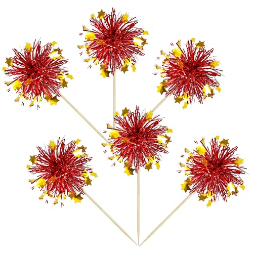 30Pcs Foil Firework Cupcake Toppers Party Birthday Cake Toppers Supplies Sparkle Tinsel Cocktail Fruit Toothpick for Birthday Wedding Graduation Party Red (30 Count)
