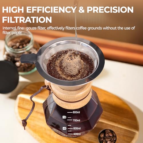 Pour Over Coffee Maker 800ml with 304 Stainless Steel Filter Wooden Collar Holder Borosilicate Glass Drip Coffeemaker Server Set Clear Hand Brew Dripper Carafe for Home Camping Travel 27oz