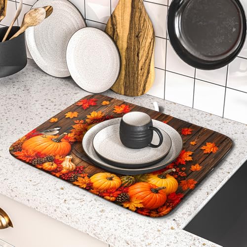 Autumn Dish Drying Mat for Kitchen Countertop Fall Pumpkin Maple Leaf Birds Dish Drainer Mats 16x18inch Rustic Wood Board Grain Dish Drying Rack Pad Protector for Dining Seasonal Decor
