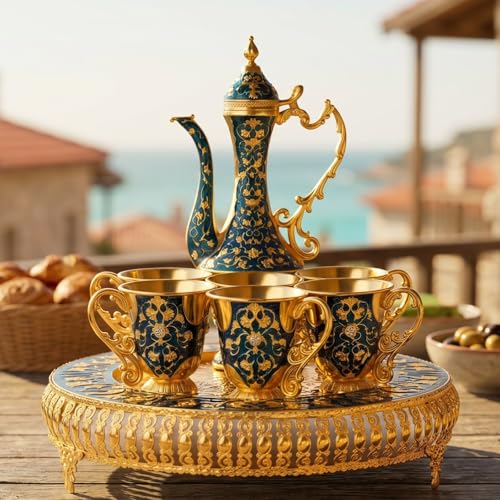 Vintage Extra Large Turkish Coffee & Tea Pot Set for 6 by Gute with Large Crystal Tray & Teapot Gold with Shiny Crystal