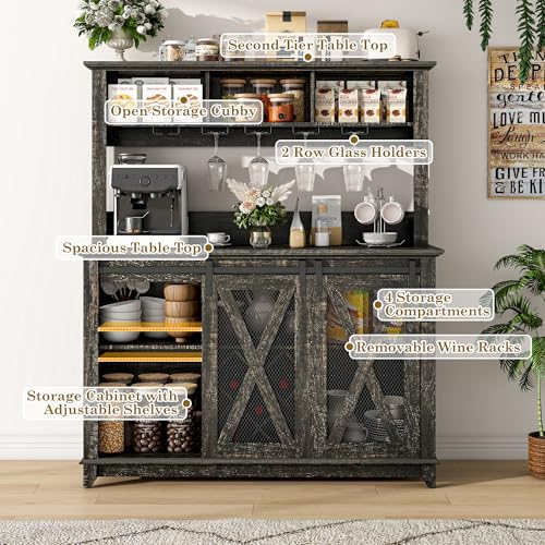 47"Wide 56"H Farmhouse Coffee Bar Cabinet with Power Outlet and LED Light