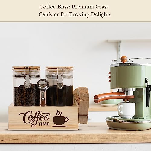 Glass Coffee Canister Set with Shelf & Spoon 2 Piece Coffee Containers for Coffee Bean Storage Airtight Seal