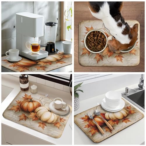 Fall Pumpkin Dish Drying Mat 18”x24”Vintage Autumn Drying Mat for Kitchen Counter Absorbent Maple Leaf Fall Thanksgiving Farmhouse Dishes Pad Drainer Mat Countertop Protector for Kitchen Fast Dry