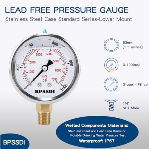 0 1000 Psi Glycerin Liquid Filled Hydraulic Pressure Gauge