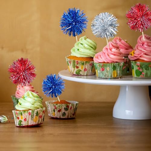 30Pcs Foil Firework Cupcake Toppers Sparkle Tinsel Cake Toppers Tinsel Drink Cake Decoration Cocktail Picks for Birthday Wedding Graduation Party Supplies Silver Dark Blue Red (30 Count)