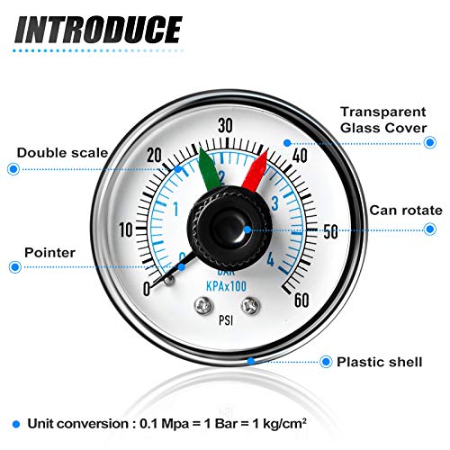 0-60Psi 1/4" NPT Pressure Gauge Box with dial for selecting Filter, 3-2-3% Accuracy, Center Back Mount, with 1/2" NPT and 3/8" NPT Hex Bushing
