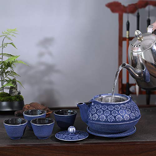 Blue Floral Cast Iron Teapot Set 28 oz Tea Kettle with 4 Cups
