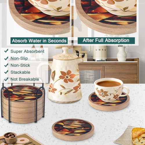 6 Pack Absorbent Coasters Set with Holder Wood Coasters for Drinks Housewarming Gifts for Home Decoration Cup Coasters for Coffee Tabletop Protection 4.3 Inch
