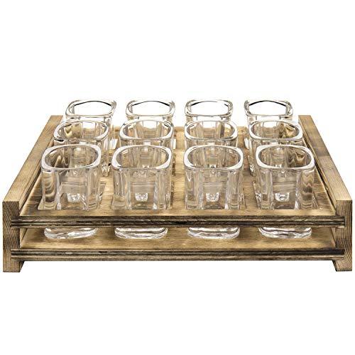 Square Shot Glasses with Burnt Wood Serving Tray
