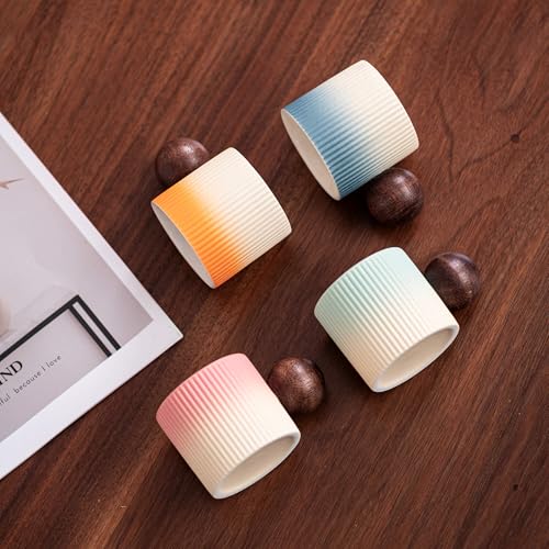 Ceramic Mini Espresso Cups Demitasse Cups with Round Wooden Handle Vertical Stripes Tea Cups (4 Count)