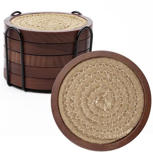 5 Pack Wooden Coasters with Holder for Coffee Table Decor (5 Count)