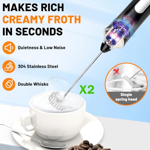Milk Frother USB C Rechargeable New Upgraded Handheld Frother Wand with 2 304 Stainless Whisks 1 Stand