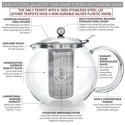 All-in-One Glass Teapot and Tea Kettle – Heatproof Borosilicate Glass Tea Maker with Removable Stainless Steel Loose Tea Infuser – Classica Stovetop Tea Pot (40 oz / 1200 ml)