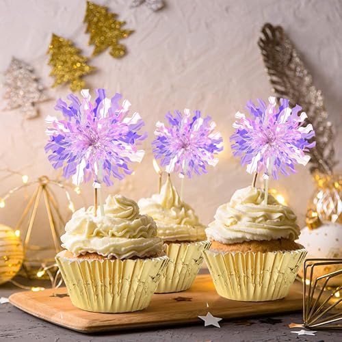 30Pcs Foil Firework Cupcake Toppers Sparkle Tinsel Cupcake Picks Happy Birthday Cake Decorations Drink Stirrers Cocktail Food Fruit Toothpicks for Baby Shower Graduation Party Supplies Purple (30 Count)