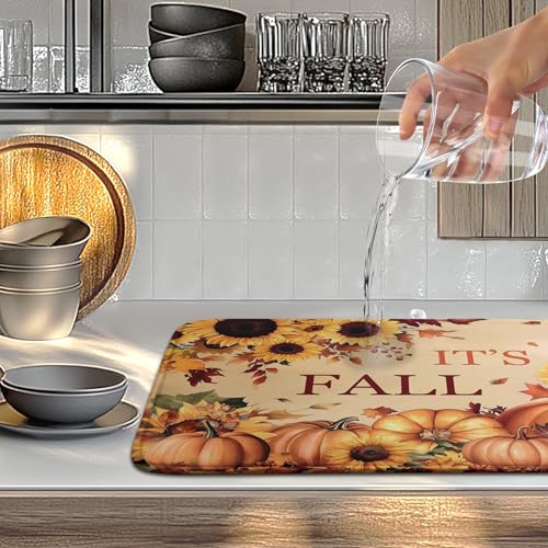 Fall Orange Pumpkins Dish Drying Mat Maple Leaves Autumn Large Kitchen Mats Dish Drying Pad Absorbent Dish Dryer Mat for Kitchen Countertops Microfiber Drainer Pad Dish Drying Mats