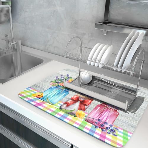 Spring Summer Flowers Dish Drying Mat for Kitchen Counter 18"x24" Spring Floral Jars Drying Mat Soft Absorbent Microfiber Farmhouse Colorful Floral Dish Drainer Rack Mats for Counter tops