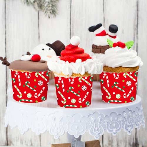 100Pcs Christmas Paper Baking Cups Red Green Candy Cane Cupcake Wrappers Scalloped Edge Cupcake Muffin Cases for Xmas Winter Holiday Party Dessert Decoration (100 Count)