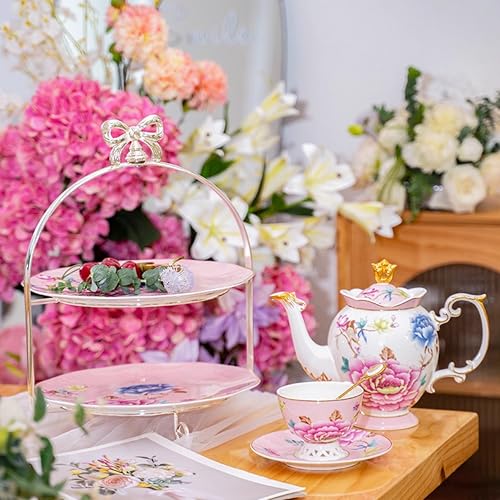Pink Floral Porcelain Tea Set with 6 Cups and Saucers